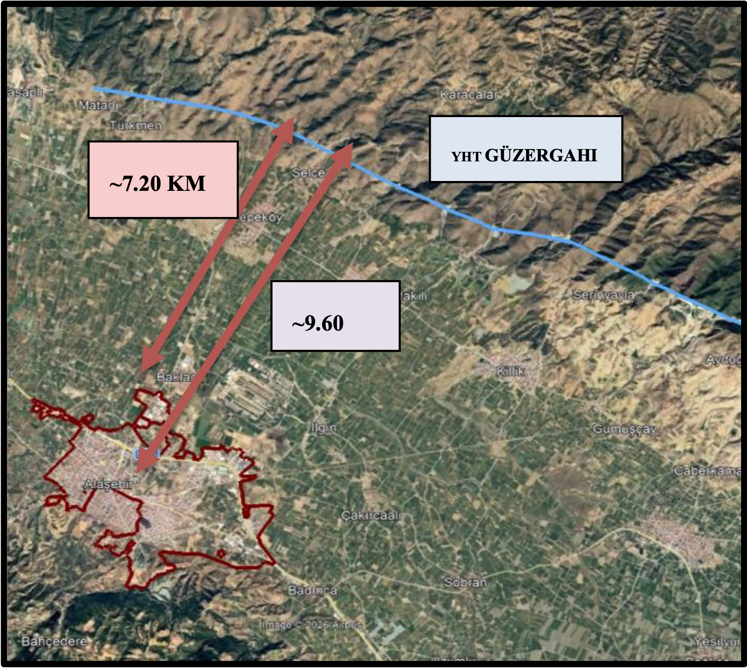 YHT güzergahının Alaşehir İlçe merkezine ve ÖPA sınırına göre konumu ve uzaklığı